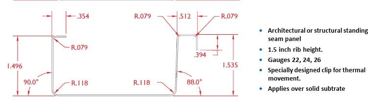 Cross-section drawing for 1-1/2 inch Standing Seam panel showing dimensional specifications