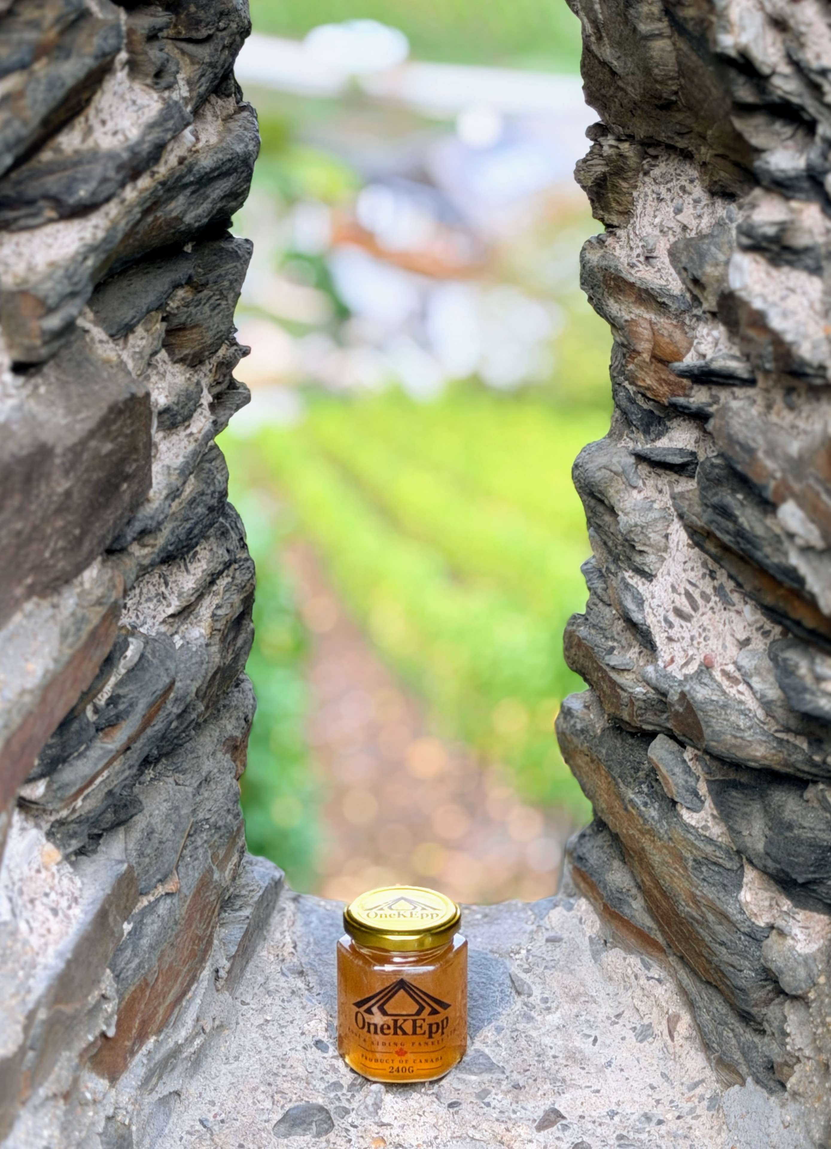 OneKEpp honey jar framed perfectly inside a jagged stone arch opening in a castle battlement