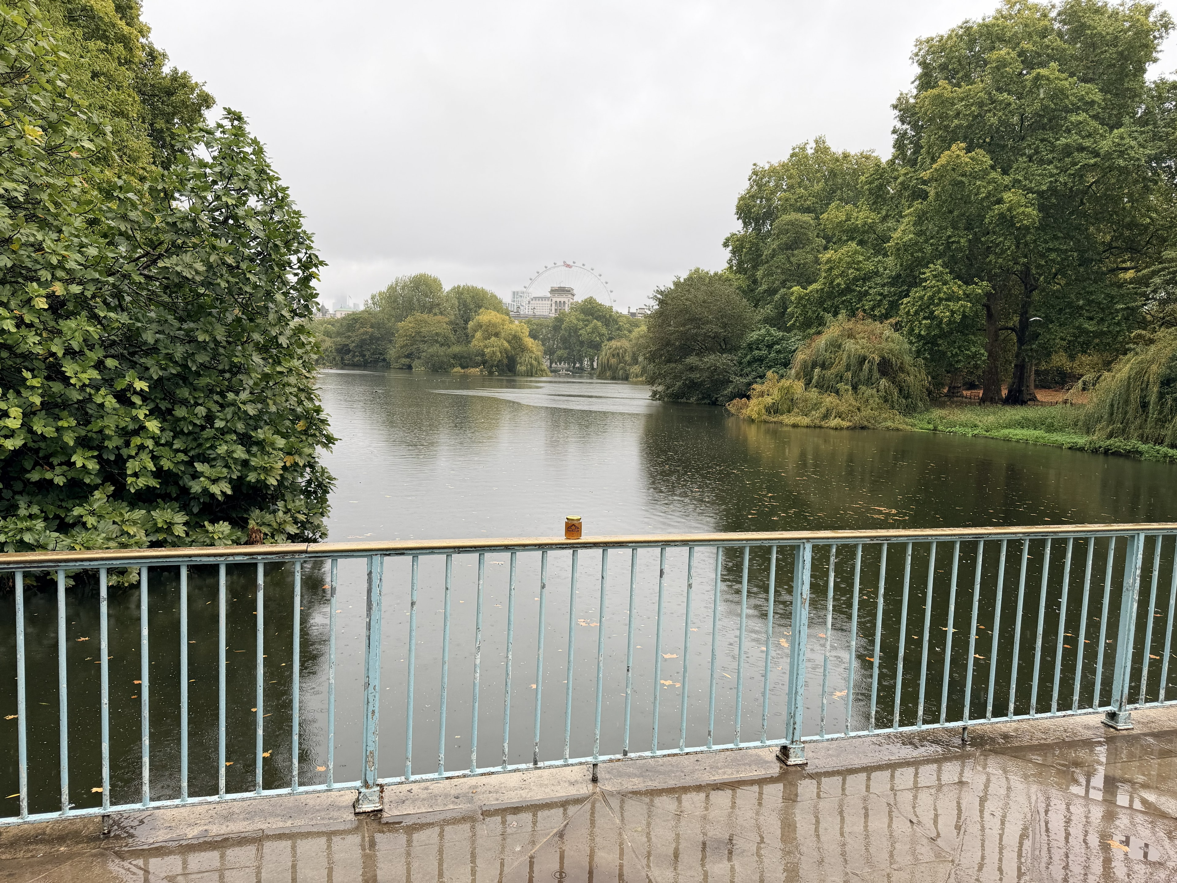 OneKEpp honey jar on a bridge railing overlooking St. James's Park lake with the London Eye in the distance